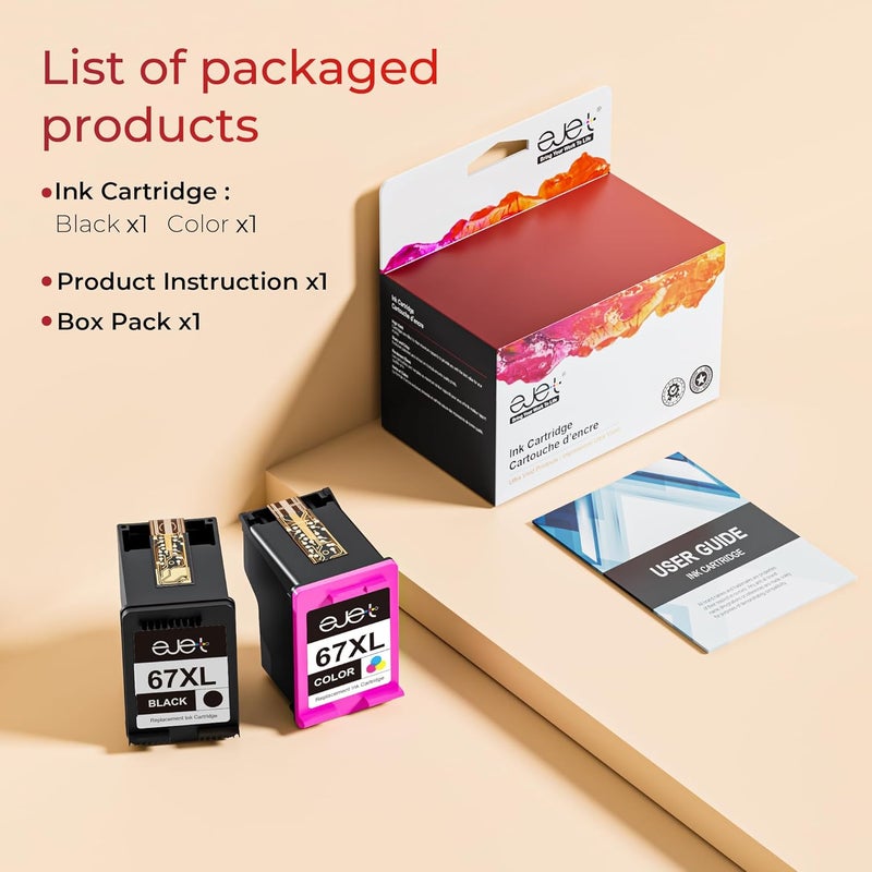 E-Jet 67XL Ink Cartridges Black/Color Combo Pack Compatible for HP Ink 67 67XL Works with HP Deskjet 2700 2700e 2755 2755e 2855e 2800e 2852e 2827e 4100e 4155e 4227e 4255e Envy 6055e 6455e Series (2-Pack) - Image 3